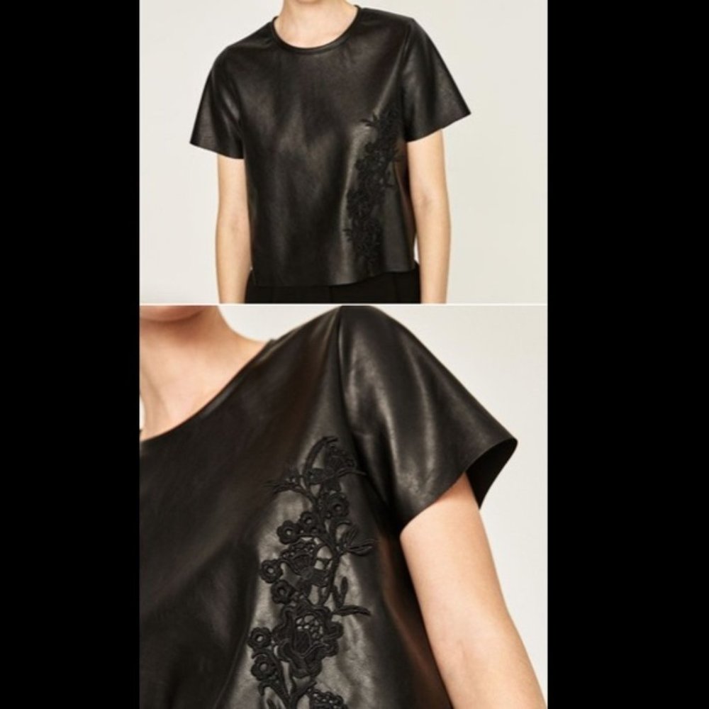 Zara Black Combination Faux Leather Top With Embroidered Applique S